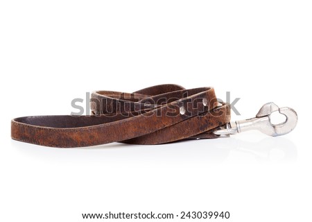 retro vintage old brown leather leash , isolated on white background