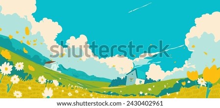 Vector cartoon Illustration of field with farm houses. Blue sky with clouds and green grass with flowers. Anime countryside spring background