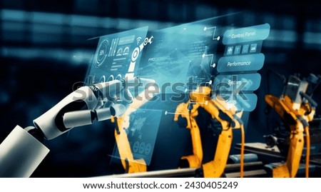 XAI Mechanized industry robot and robotic arms for assembly in factory production. Concept of artificial intelligence for industrial revolution and automation manufacturing process. Royalty-Free Stock Photo #2430405249