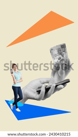 Photo collage of funny investor, phone and money