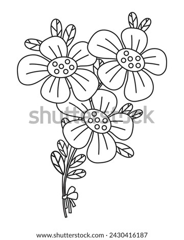 Bouquet of flowers. Festive outline flowering chamomile plants. Vector illustration. Line drawing, coloring book. Kids collection.