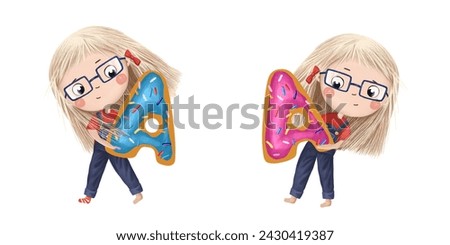 Cute little girl with chocolate donut- letter A. Tasty set on white background. Learn alphabet clip art collection 