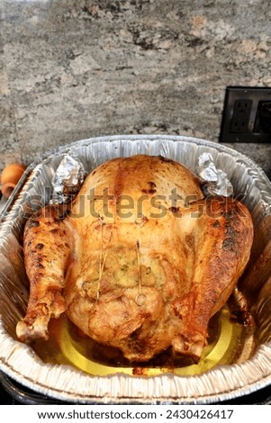 The top down, close up view of a perfectly cooked turkey in a roasting pan on top of a stove.