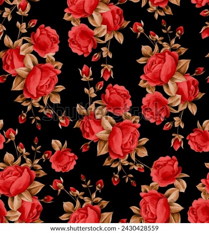 Watercolor flowers pattern, red tropical elements, golden leaves, black background, seamless