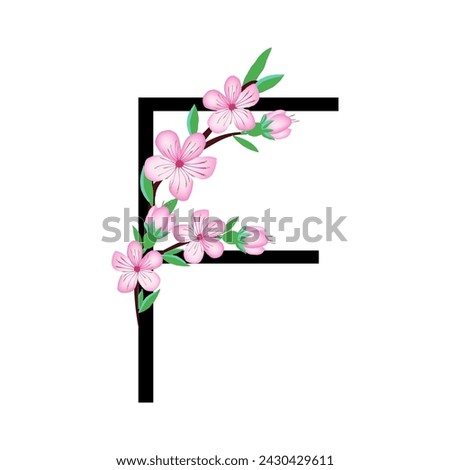 Sakura blossom pink little flower alphabet for design of card or invitation. Vector illustrations, isolated on white background for spring cherry floral gesign