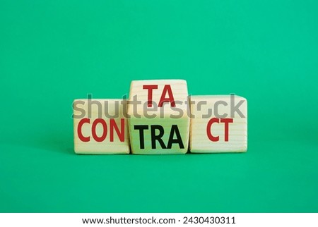 Contact and Contract symbol. Wooden cubes with words Contract and Contact. Beautiful green background. Contact and Contract and business concept. Copy space