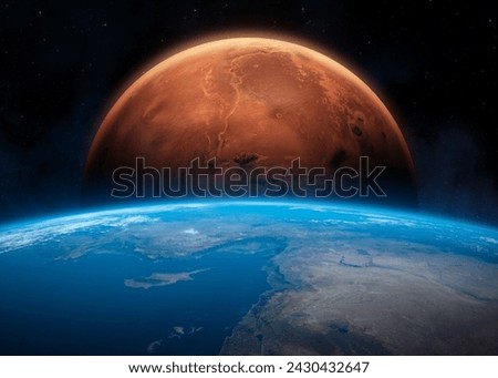 Earth, Mars in space. Planets in deep space. Beautiful blue planet Earth and red planet Mars observation from the outer space. The elements of this image furnished by NASA.