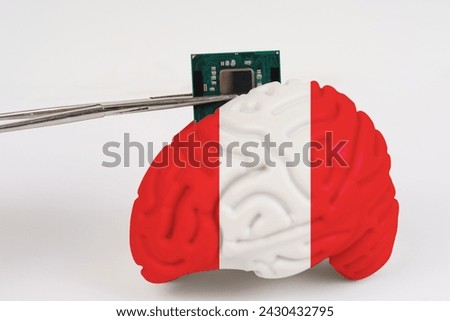 On a white background, a model of the brain with a picture of a flag - Peru, a microcircuit, a processor, is implanted into it. Close-up