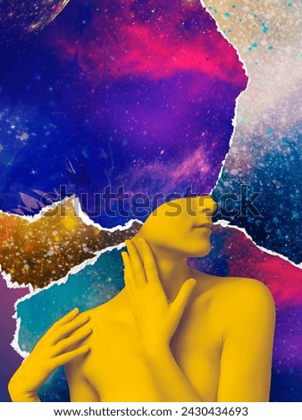 Woman in science. Female astrophysicist, fusion explore space, astronomical objects. Concept of travel - art collage or design about space and research Royalty-Free Stock Photo #2430434693
