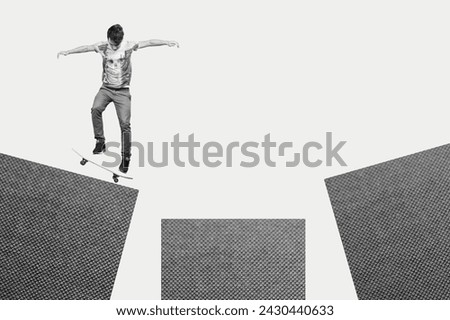 Photo collage of excited guy jump on graphical background