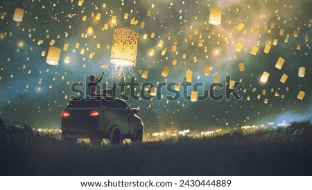 Young woman with her dog sitting on the roof of a suv car release lanterns, digital art style, illustration painting