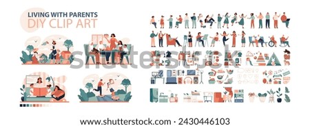 DIY Clip Art Set. Living with Parents Concept. Multigenerational family activities and home life showcased in a diverse clip art collection. Flat vector illustration.