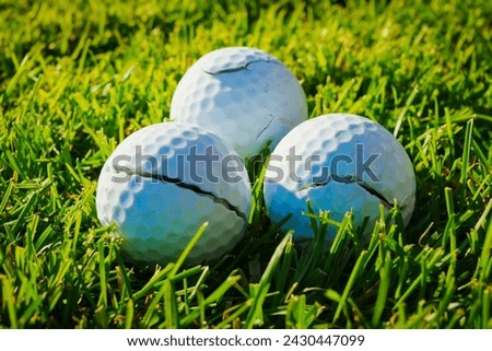 Three split white golf ball lays on green grass. Many damaged golf balls, close up photo