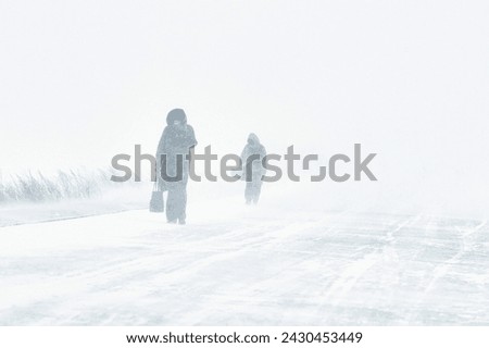 the snowstorm is cold a person has fallen into extreme living conditions is walking along the road through a blizzard in the city, the winter is cold.. Royalty-Free Stock Photo #2430453449