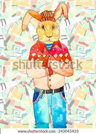 Easter bunny isolated. Watercolor for your design. Bunny hipster with the human body.Fashion rabbit.Vector.