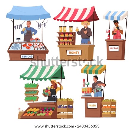 Farmers With Natural Farming Production, Fresh Fish and Seafood, Honey. Hot Dog, , Vegetables And Juice. Male And Female Vendor Characters Selling Organic Food. Cartoon People Vector Illustration, Set