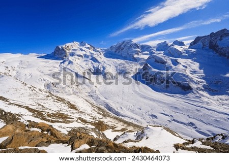 Gorner Glacier (Grenzgletscher) along with the Dufourspitze and many other summits of the Monte Rosa mountain range, as seen from the Gornergrat in the Swiss Alps, Valais, Switzerland Royalty-Free Stock Photo #2430464073