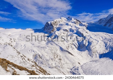 Gorner Glacier (Grenzgletscher) along with the Dufourspitze and many other summits of the Monte Rosa mountain range, as seen from the Gornergrat in the Swiss Alps, Valais, Switzerland Royalty-Free Stock Photo #2430464075