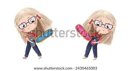 Cute little girl with chocolate donut- letter . Tasty set on white background. Learn alphabet clip art collection 