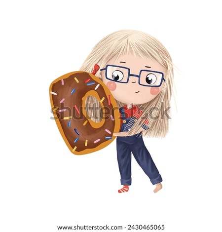 Cute little girl with chocolate donut- letter D on white background. Learn alphabet clip art collection