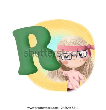 Cute little girl with letter R. Colorful cartoon graphics. Learn alphabet clip art collection on white background