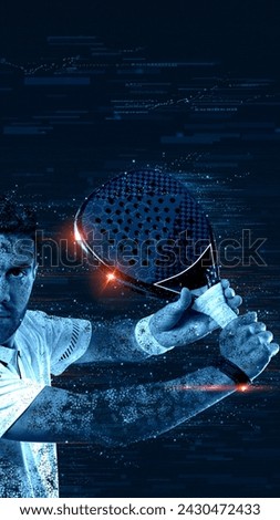Padel tennis player celebrates victory in the game. Man athlete with paddle tenis racket on blue background. Sport concept. Download a high quality photo for sports website.