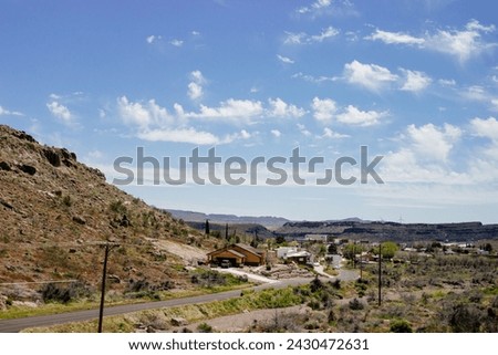 Desert in Arizona with green bushes and cacti on a sunny day with blue sky and white clouds. Nature near Phoenix, Arizona, USA