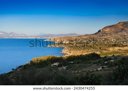 Paradise sea panorama from coastline trail of Scopello, Trapani province, Sicily, Italy.