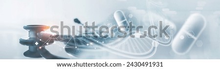 Medical technology, Genetics science, pharmaceutical research, Stethoscope with DNA and medicine, health technology icons. Digital healthcare network connection. Medical and pharmaceutical background