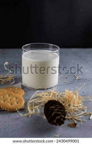 Homemade Cookies with glass milk on the concrete or stone table. Morning Breakfast. Selective focus. Copy space.