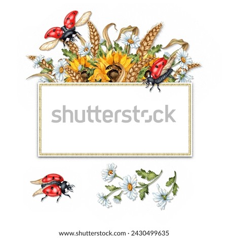 Watercolor illustration of a bouquet of yellow sunflowers, white daisies, ears of wheat and red ladybugs with space for text. Harvest Festival. Compositions for posters, cards, banners, flyers, covers