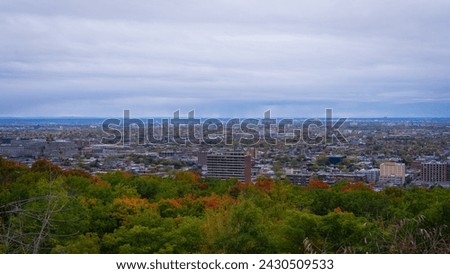 Atop Mount Royal during the autumn season, one is treated to a captivating view of the Montreal cityscape. From this vantage point, the city sprawls out before the observer, adorned with the warm hues