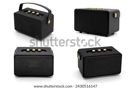 collection of isolated modern black bluetooth speaks on white background Royalty-Free Stock Photo #2430516147