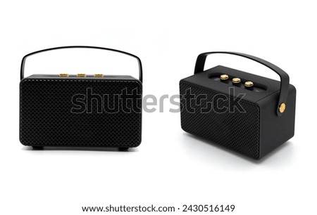collection of isolated modern black bluetooth speaks on white background  Royalty-Free Stock Photo #2430516149