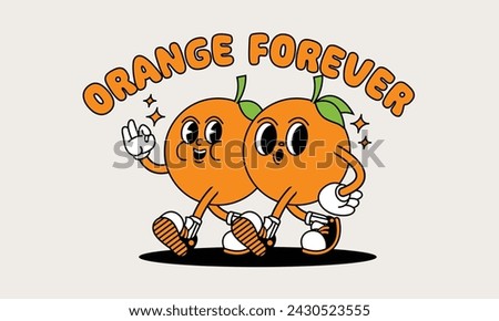 Orange, citrus, retro mascot with hand and foot. Retro cartoon stickers with funny comic characters and gloved hands.