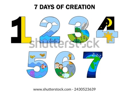 Biblical seven days, colorful numbers. Creation earth, sea, life. Educational religious series. Vector illustration. EPS 10. Royalty-Free Stock Photo #2430523639