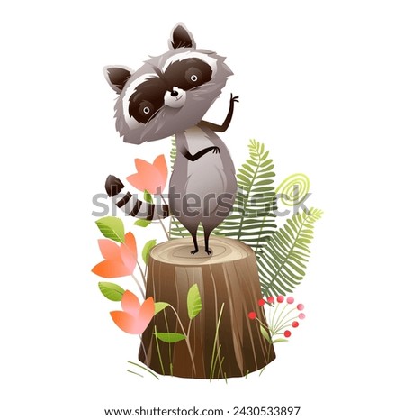 Cute baby raccoon character standing on the tree stump in nature. Animal cartoon for children fairytale or story about little raccoon. Vector isolated clipart for kids in watercolor style.
