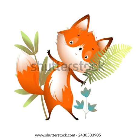 Cute baby fox character with leaves and flowers in nature. Animal cartoon for children fairytale or story about little fox. Vector isolated clipart for kids in watercolor style.