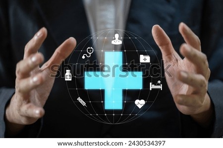 Health insurance concept, Human holding virtual insurance and healthcare medical icon, doctor, health and access to welfare health, hospital, medical health and life insurance business	