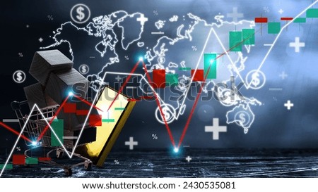Shopping cart with wooden cubes describes of people buying consumer goods on world economic global stock chart with gold bar. background. Inflation economic global inflation for buying concept of gold
