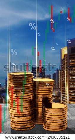 Stack of the golden coin with symbol of rising inflation graph arrow. Inflation concept