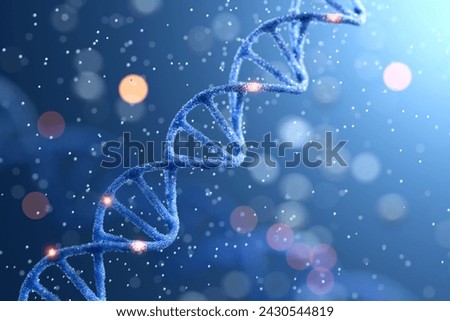 Spiral of Blue DNA double helix with light bokeh and bubble on beautiful blue background. Royalty-Free Stock Photo #2430544819