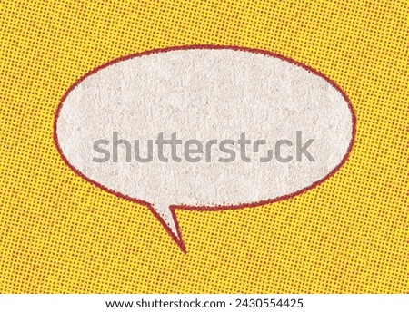 Empty white chat bubble on a background pattern of yellow printing dots from real vintage comic book page Royalty-Free Stock Photo #2430554425