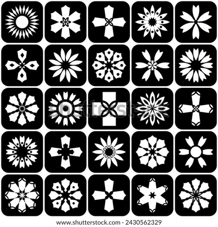 Set of Abstract Flowers and Crosses Icons. Black and White Design Elements. Vector Art. Royalty-Free Stock Photo #2430562329