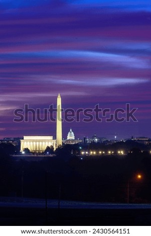 Beautiful shot of Lincoln Memorial, Washington Monument, and Capitol Building at sunrise, Washington DC
