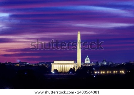 Beautiful shot of Lincoln Memorial, Washington Monument, and Cap