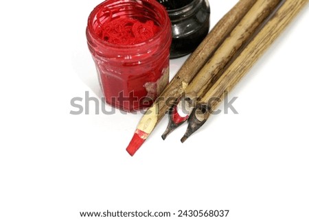Arabic calligraphy tools, Isolated with white background, the ancient and ancient art of Arabic calligraphy, Arabic calligraphy pen and inkwell
