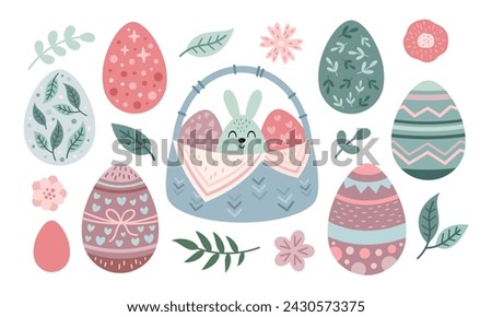 Easter clipart with Easter eggs, basket and plants in flat style. Happy Easter clip art. Hand drawn vector illustration.