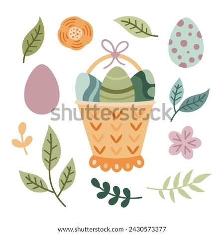 Easter clipart with Easter eggs, basket and plants in flat style. Happy Easter clip art. Hand drawn vector illustration.