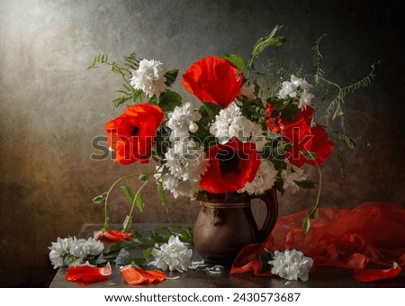 Modern still life with red poppy and jasmine in a clay jug on a dark background.